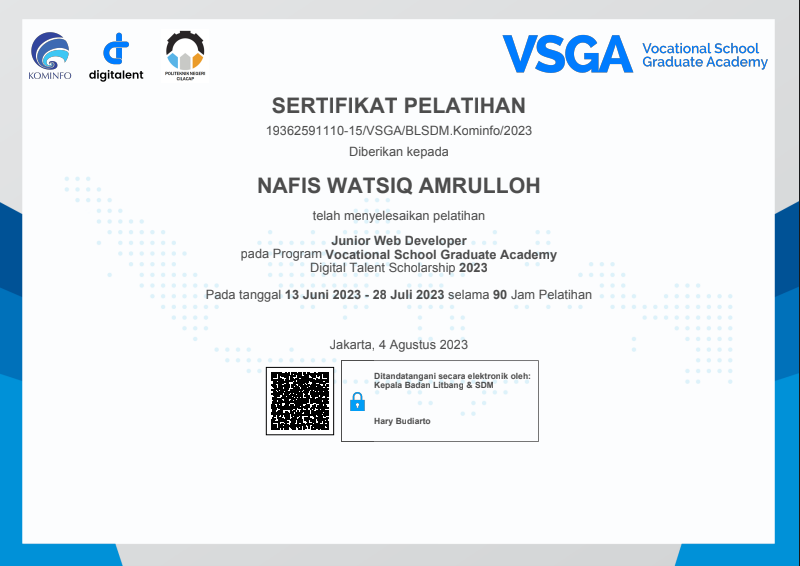 Cerificate Junior Web Developer Vocational School Graduate Academy - DIGITALENT KOMINFO