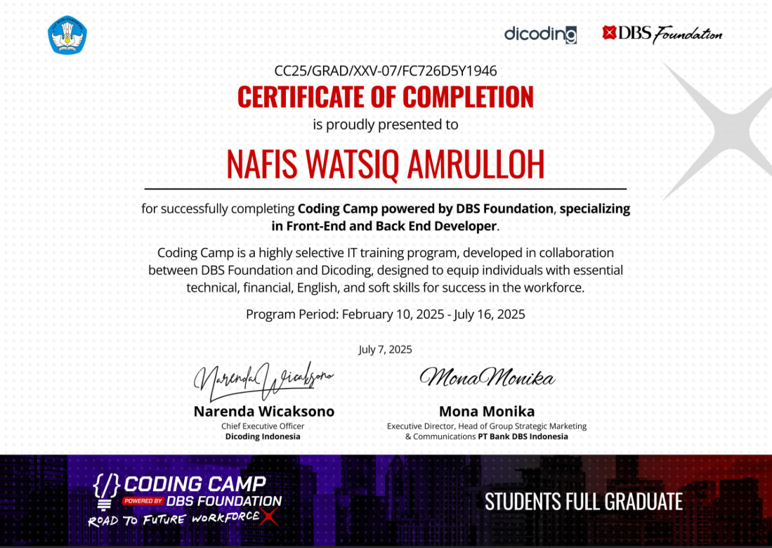 Cerificate Coding Camp by DBS Foundation Front-End and Back-End Developer - DBS Foundation